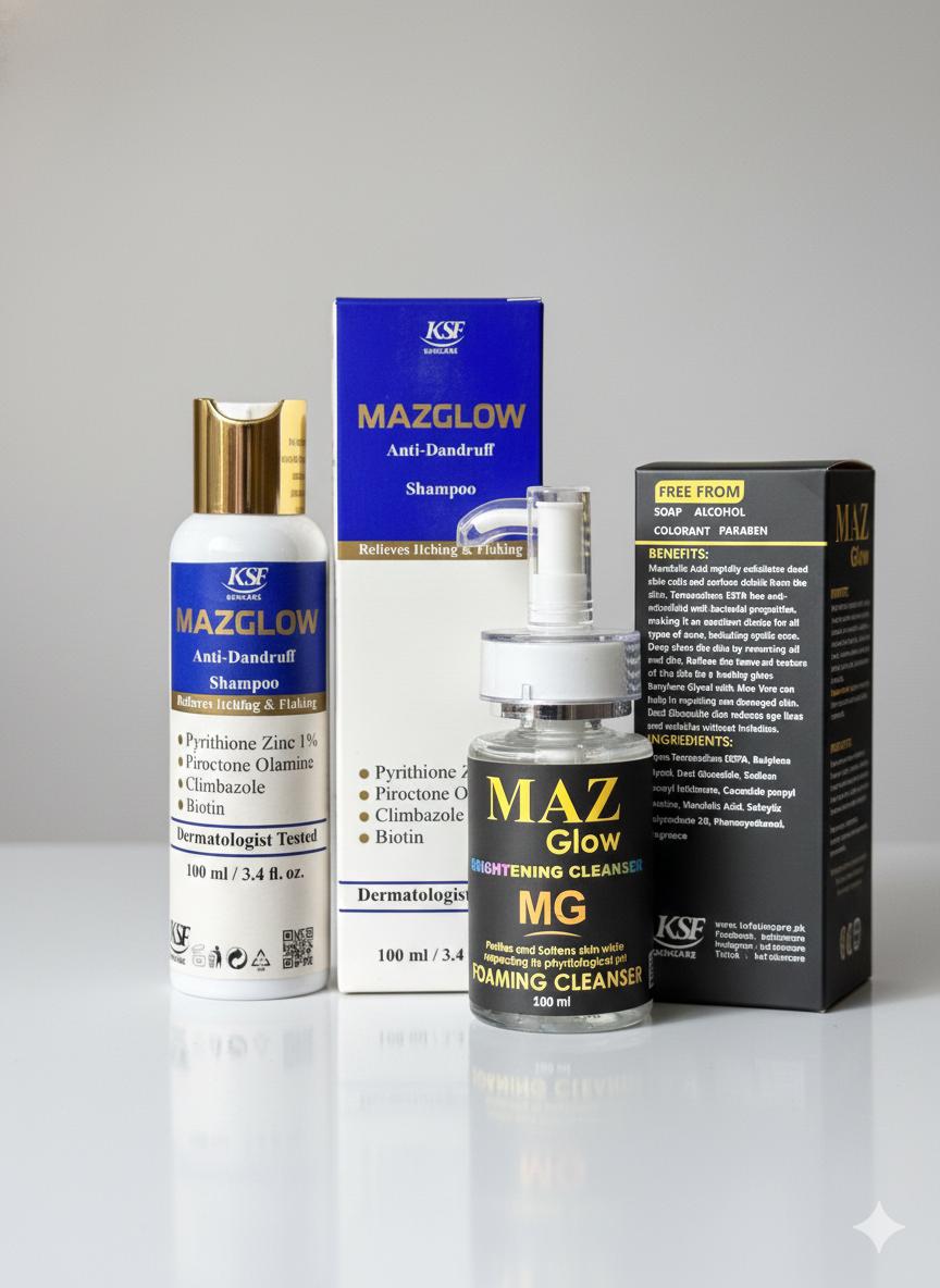 MAZ Glow Complete Hair & Skin Clarity Bundle: Anti-Dandruff Shampoo (100ml) + Brightening Foaming Cleanser (100ml)
